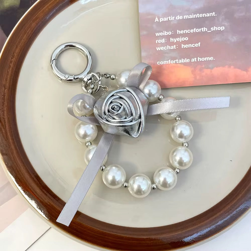 Silver Handmade Pearl Flower Bow Keychain