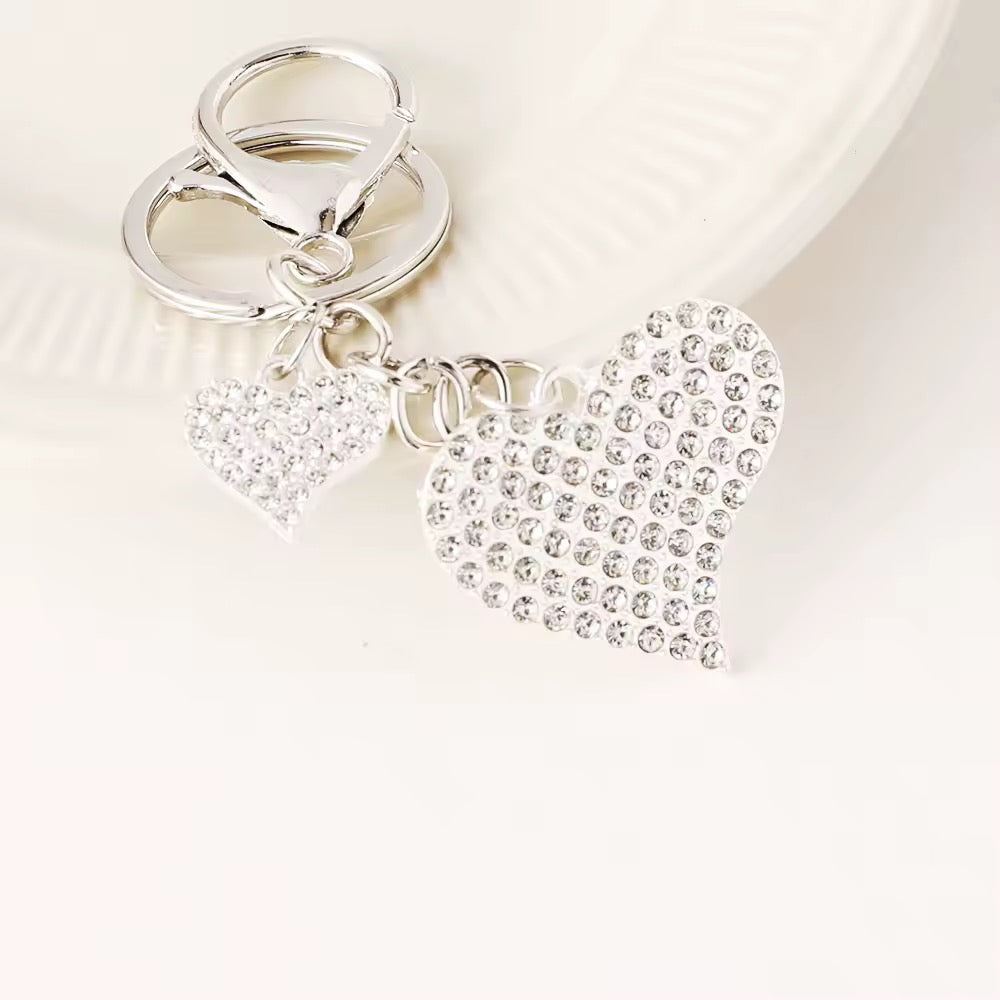 Double 3D Heart Shaped Rhinestone Keychain