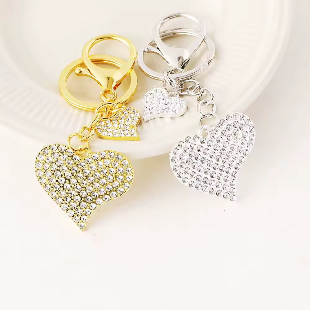 Double 3D Heart Shaped Rhinestone Keychain